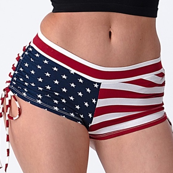 SMALL USA Red White Blue Flag Side Tie Shorts - Picture 5 of 5